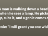 A man is walking down a beach when he sees a lamp