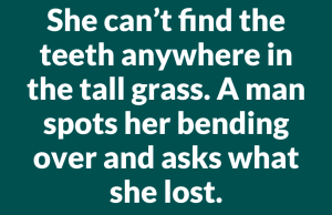 An old woman accidentally drops her fake teeth at the park while walking her dog.