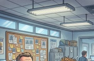 A man rushes into a police station, out of breath and clearly frustrated.