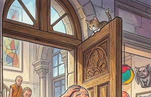 A Man Is Driving Down The Road And Breaks Down Near A Monastery