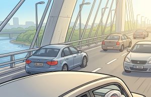 A car gets pulled over on a bridge.