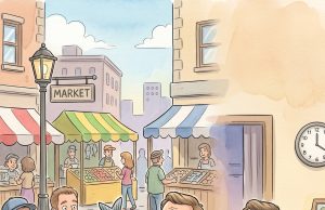 A boy is selling fish on a corner.