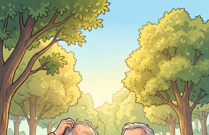 Two elderly couples have their weekly meet-up at a table in their local park.