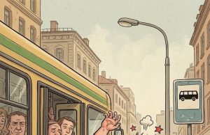 A man trying to get on overcrowded bus