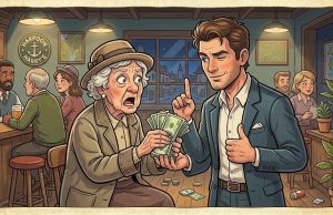 An 85 year old lady is waiting for her husband at the bar