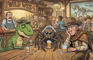 A Dinosaur, A Spider, And A Cowboy Walk.