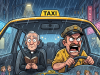 A priest is riding a cab