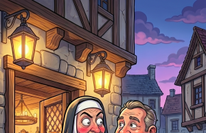 A nun stood outside a tavern,