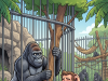 A married couple at a Zoo walk past a gorilla enclosure.