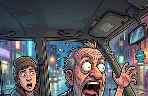A man got into a taxi at the airport and sat in the back seat.