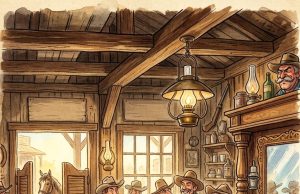 A cowboy rode into town and stopped at a saloon for a drink.